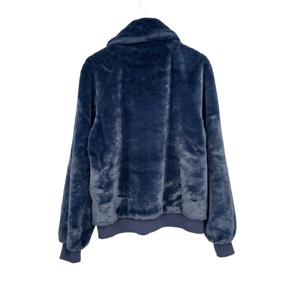 Molly Bracken Dark Navy Soft Faux Fur Wide Collar Zipper Bomber Jacket w Pockets - Picture 10 of 13